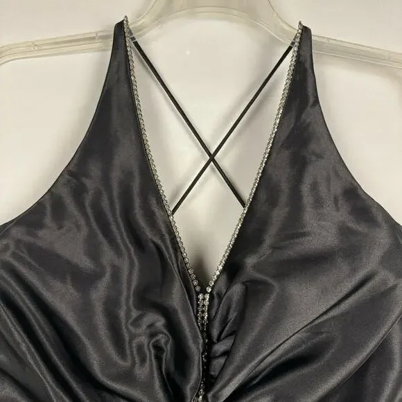 VTG ONYX NITE | Black Satin Gem Ruched Front Slit Maxi Y2K‎ Dress | Women's 14W - Picture 4 of 11